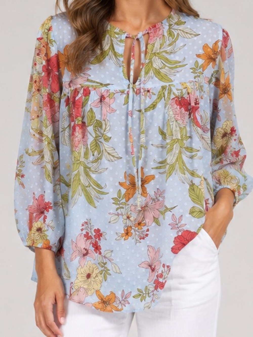Culture Code Floral Swiss Dot Blouse | Size L | Sheer Boho Peasant Top